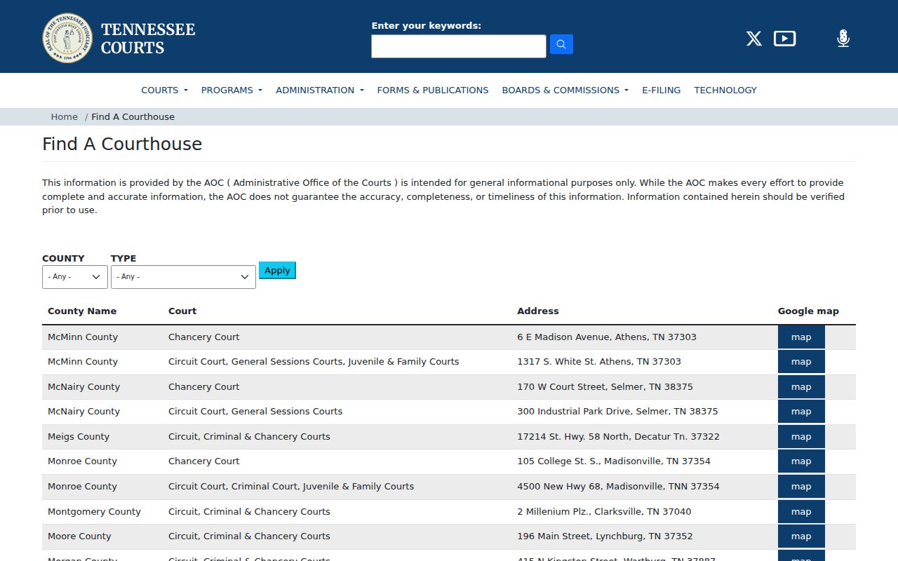Moore County court docket courthouse listing for Circuit Criminal and Chancery courts